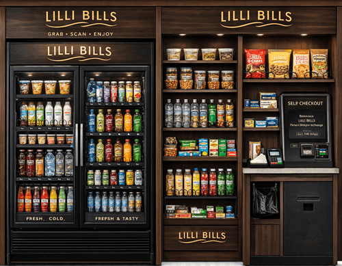 Modern micro-market with self-checkout kiosk